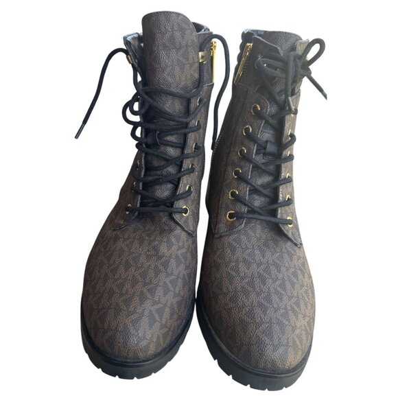 Michael Kors Alistair Combat Moto Boot Womens Size 11 Lace Up Logo Brown Black - Picture 2 of 7